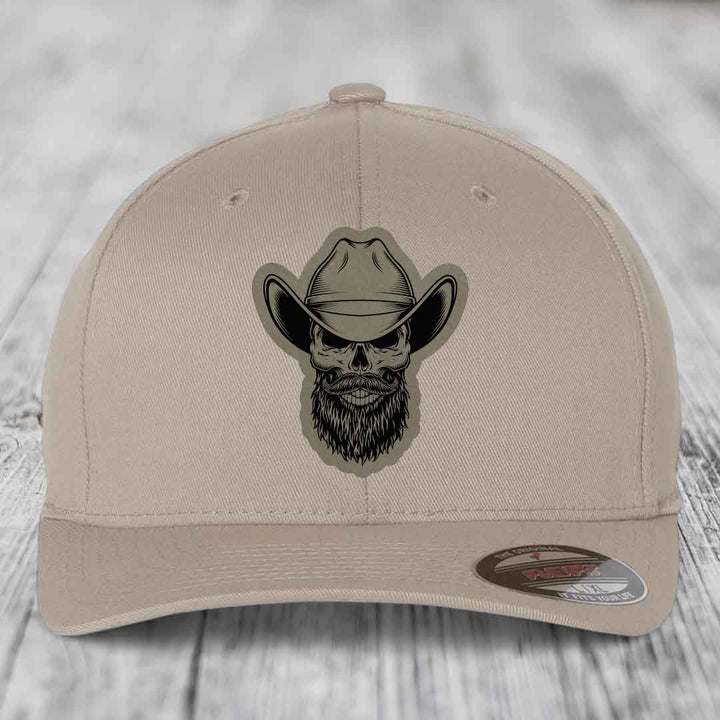 Bearded Cowboy Skull - Leather Patch Hat - Light Brown to Black Patch - Flexfit 6277 Fitted Hat