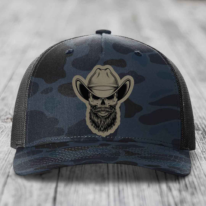 Bearded Cowboy Skull - Leather Patch Hat - Light Brown to Black Patch - Richardson 112PFP Snapback Trucker Hat