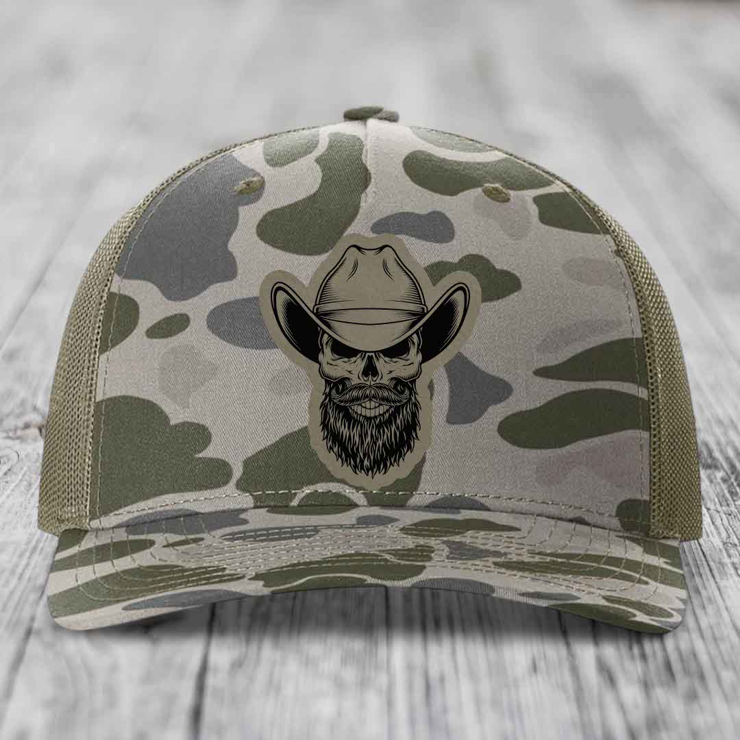 Bearded Cowboy Skull - Leather Patch Hat - Light Brown to Black Patch - Richardson 112PFP Snapback Trucker Hat
