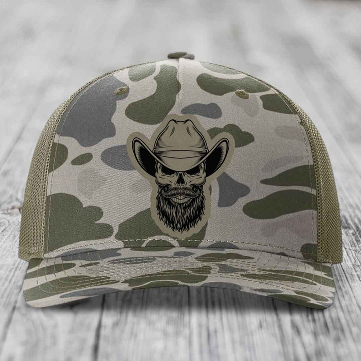 Bearded Cowboy Skull - Leather Patch Hat - Light Brown to Black Patch - Richardson 112PFP Snapback Trucker Hat