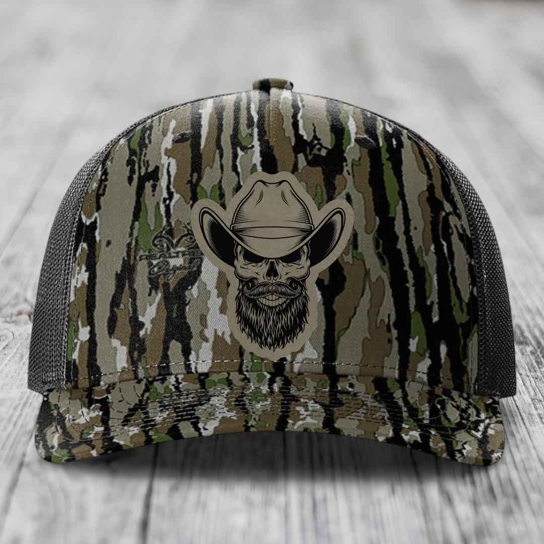Bearded Cowboy Skull - Leather Patch Hat - Light Brown to Black Patch - Richardson 112PFP Snapback Trucker Hat