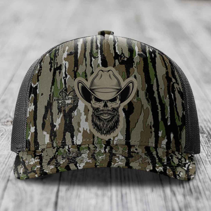 Bearded Cowboy Skull - Leather Patch Hat - Light Brown to Black Patch - Richardson 112PFP Snapback Trucker Hat
