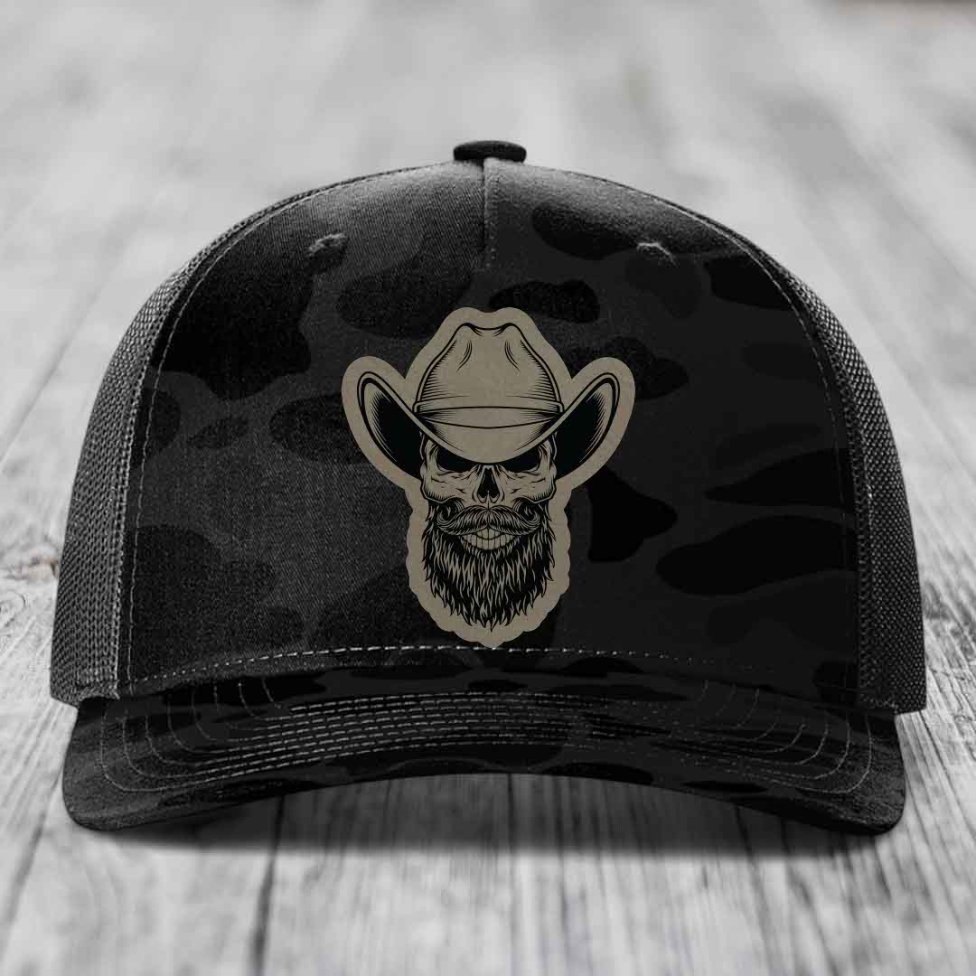 Bearded Cowboy Skull - Leather Patch Hat - Light Brown to Black Patch - Richardson 112PFP Snapback Trucker Hat