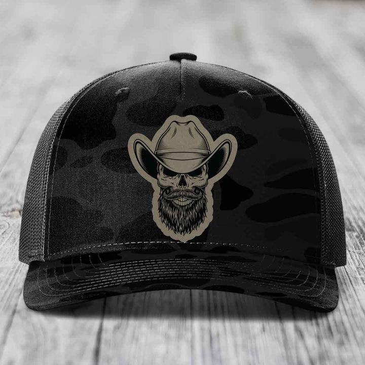 Bearded Cowboy Skull - Leather Patch Hat - Light Brown to Black Patch - Richardson 112PFP Snapback Trucker Hat