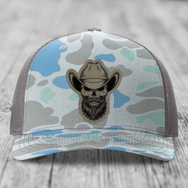 Bearded Cowboy Skull - Leather Patch Hat - Light Brown to Black Patch - Richardson 112PFP Snapback Trucker Hat