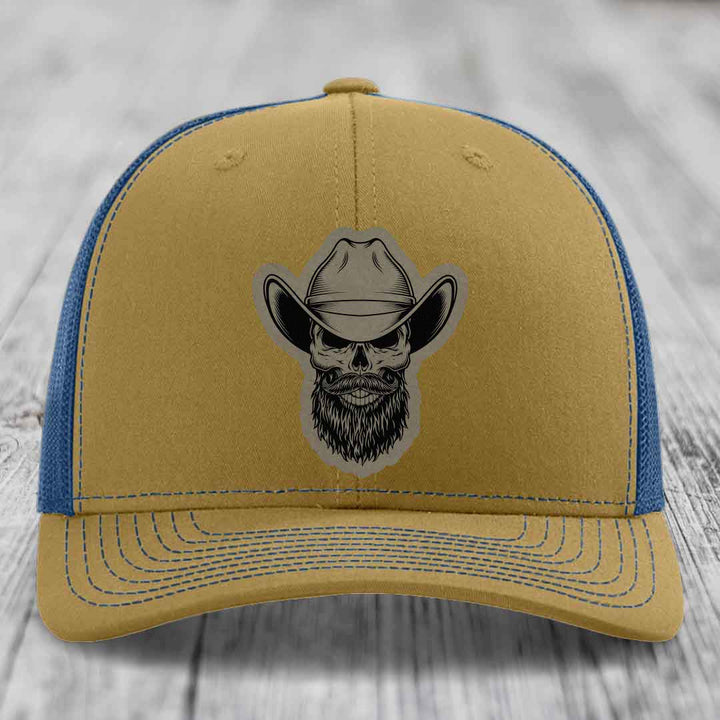 Bearded Cowboy Skull - Leather Patch Hat - Light Brown to Black Patch - Richardson 112 Snapback Trucker Hat
