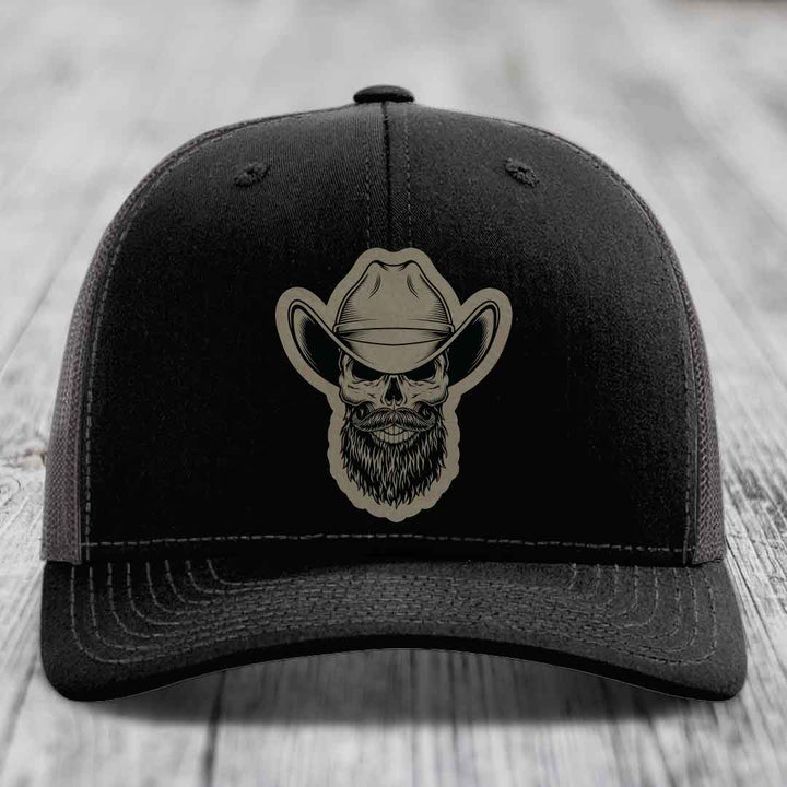 Bearded Cowboy Skull - Leather Patch Hat - Light Brown to Black Patch - Richardson 112 Snapback Trucker Hat