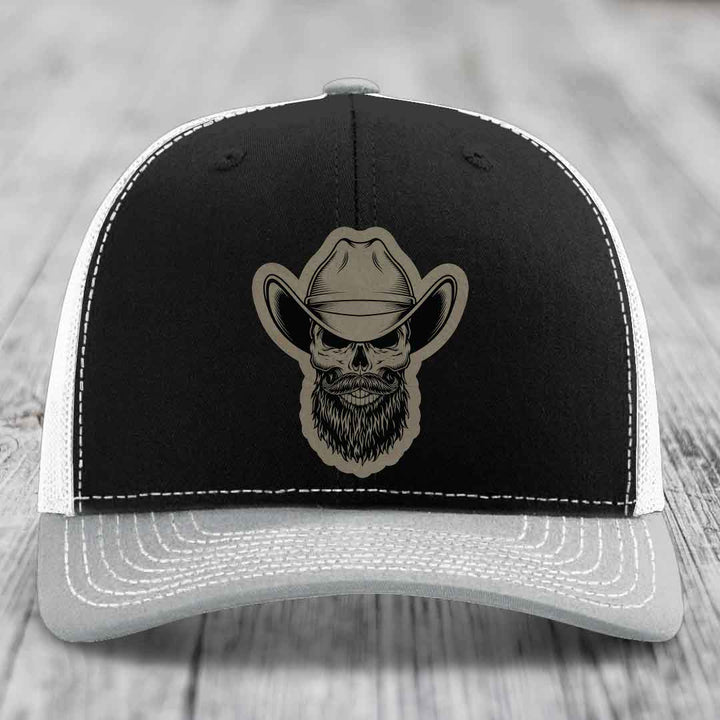 Bearded Cowboy Skull - Leather Patch Hat - Light Brown to Black Patch - Richardson 112 Snapback Trucker Hat