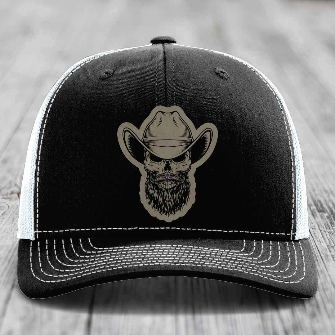 Bearded Cowboy Skull - Leather Patch Hat - Light Brown to Black Patch - Richardson 112 Snapback Trucker Hat