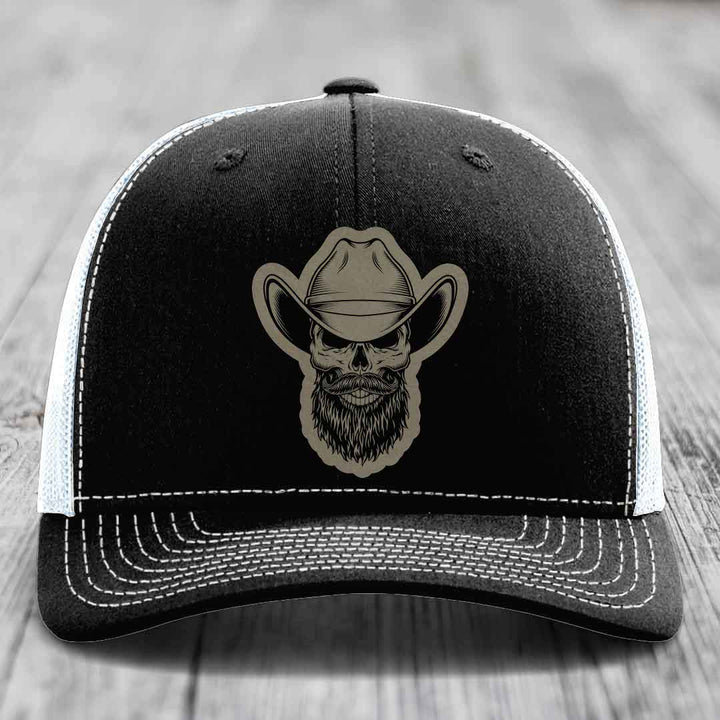 Bearded Cowboy Skull - Leather Patch Hat - Light Brown to Black Patch - Richardson 112 Snapback Trucker Hat