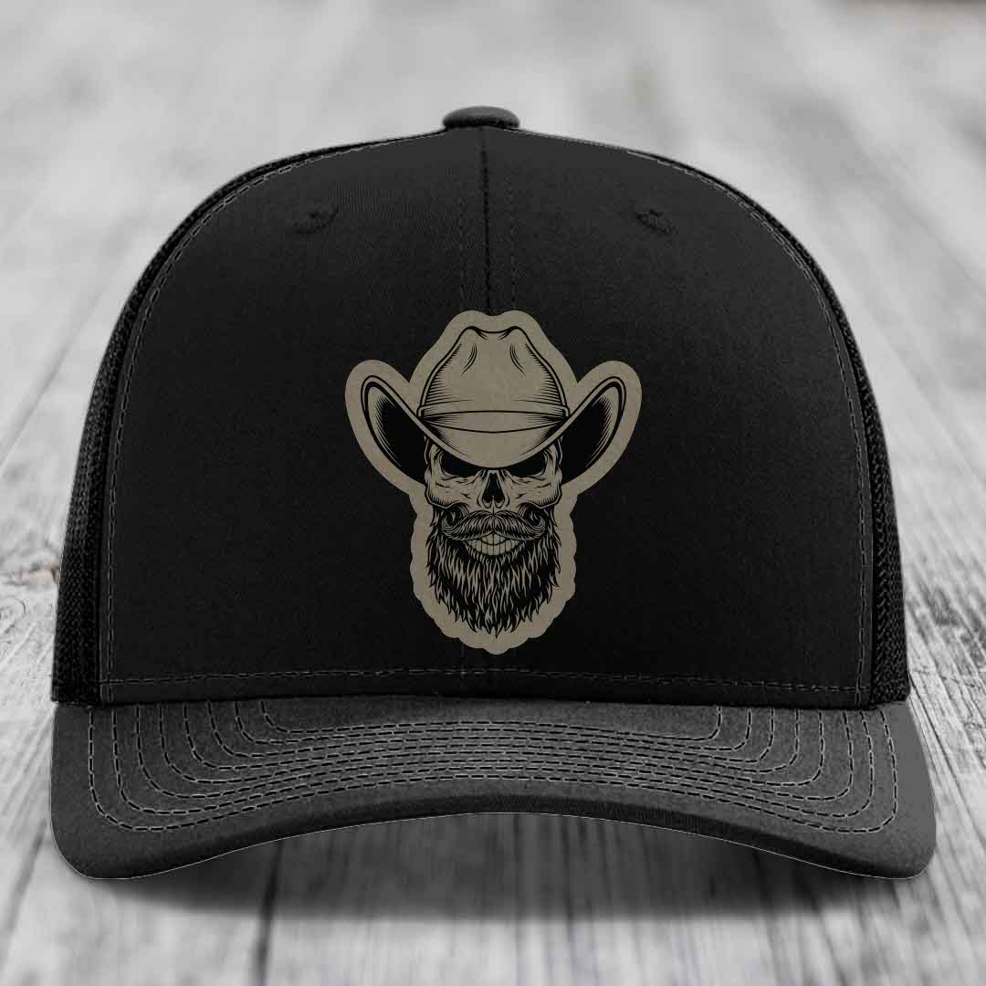 Bearded Cowboy Skull - Leather Patch Hat - Light Brown to Black Patch - Richardson 112 Snapback Trucker Hat
