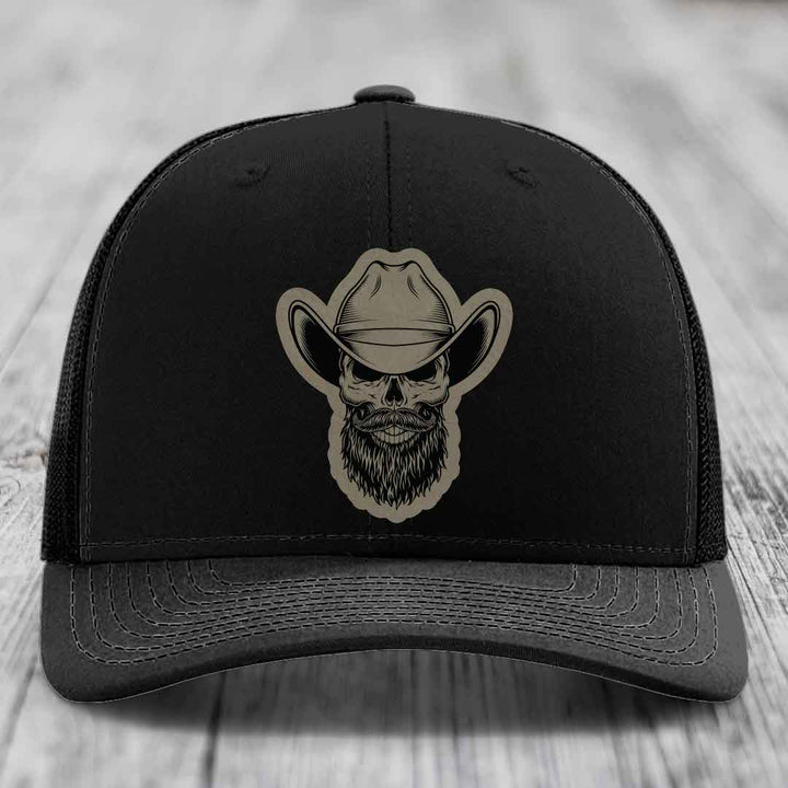 Bearded Cowboy Skull - Leather Patch Hat - Light Brown to Black Patch - Richardson 112 Snapback Trucker Hat