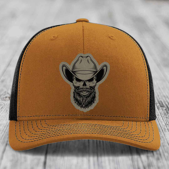 Bearded Cowboy Skull - Leather Patch Hat - Light Brown to Black Patch - Richardson 112 Snapback Trucker Hat