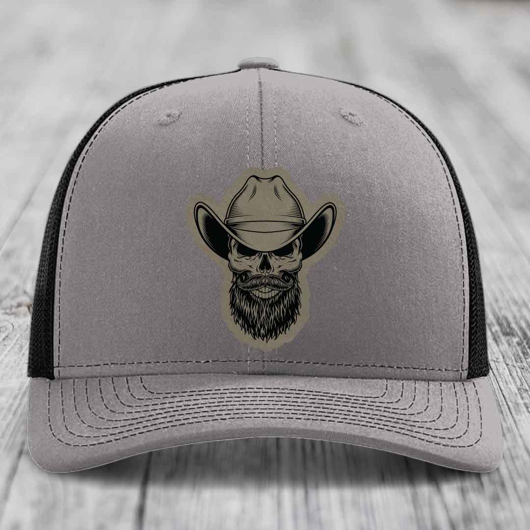 Bearded Cowboy Skull - Leather Patch Hat - Light Brown to Black Patch - Richardson 112 Snapback Trucker Hat