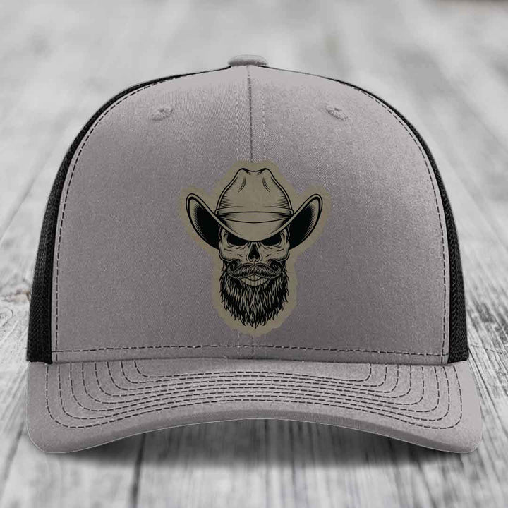 Bearded Cowboy Skull - Leather Patch Hat - Light Brown to Black Patch - Richardson 112 Snapback Trucker Hat