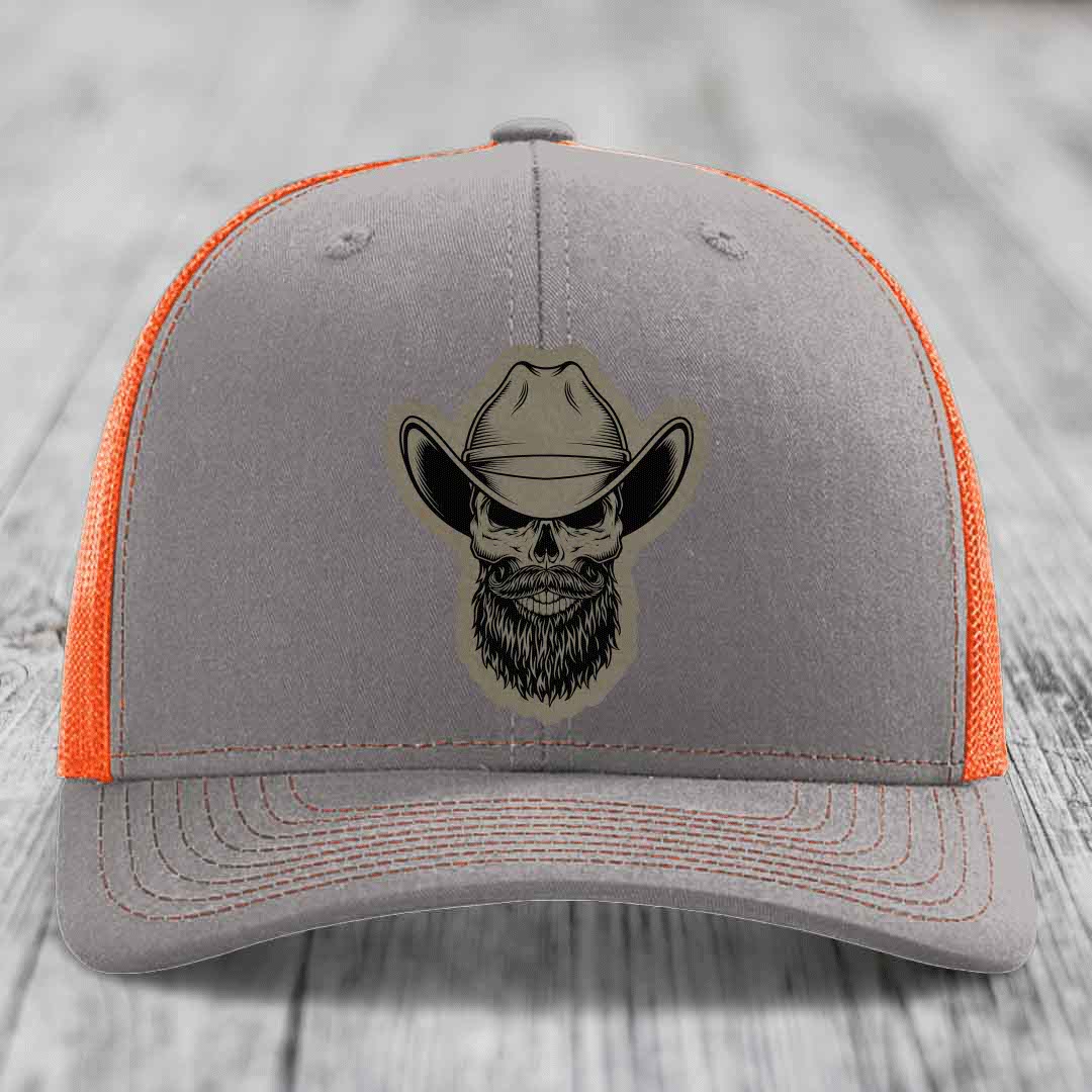 Bearded Cowboy Skull - Leather Patch Hat - Light Brown to Black Patch - Richardson 112 Snapback Trucker Hat