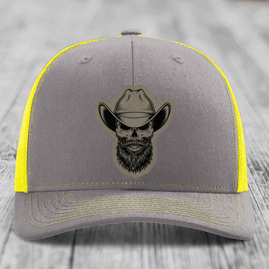 Bearded Cowboy Skull - Leather Patch Hat - Light Brown to Black Patch - Richardson 112 Snapback Trucker Hat