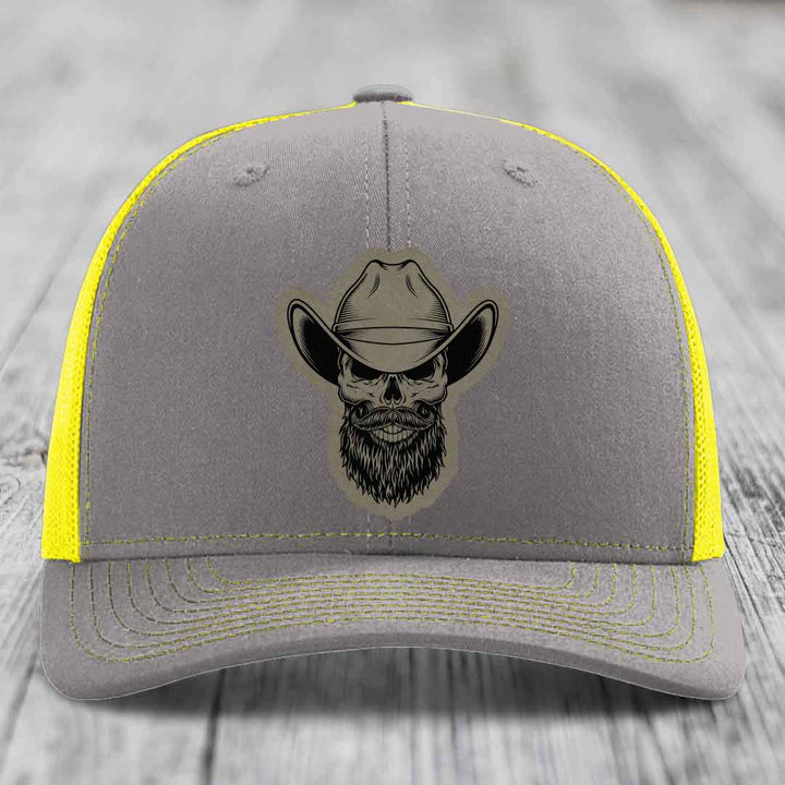 Bearded Cowboy Skull - Leather Patch Hat - Light Brown to Black Patch - Richardson 112 Snapback Trucker Hat