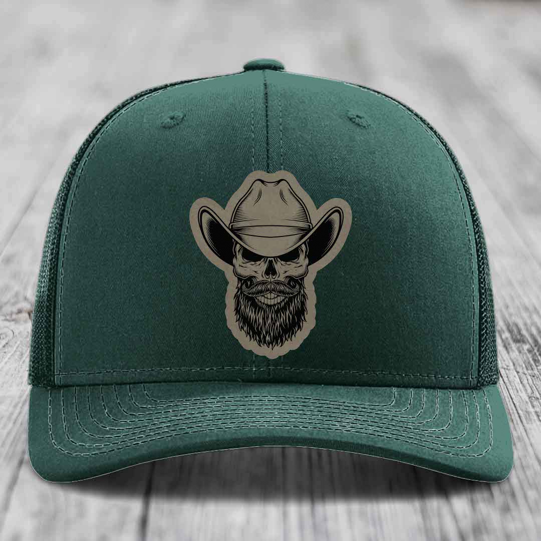 Bearded Cowboy Skull - Leather Patch Hat - Light Brown to Black Patch - Richardson 112 Snapback Trucker Hat