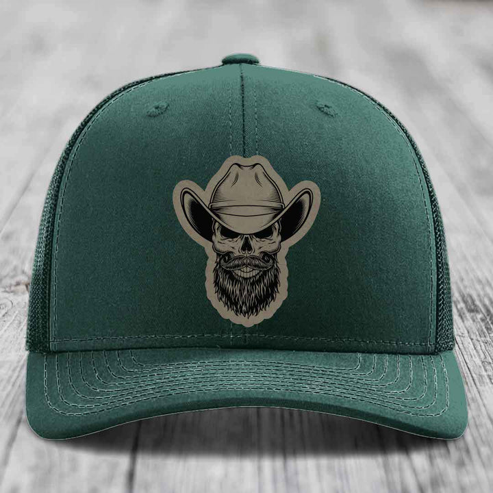 Bearded Cowboy Skull - Leather Patch Hat - Light Brown to Black Patch - Richardson 112 Snapback Trucker Hat