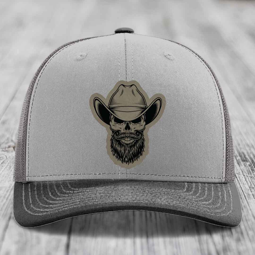 Bearded Cowboy Skull - Leather Patch Hat - Light Brown to Black Patch - Richardson 112 Snapback Trucker Hat