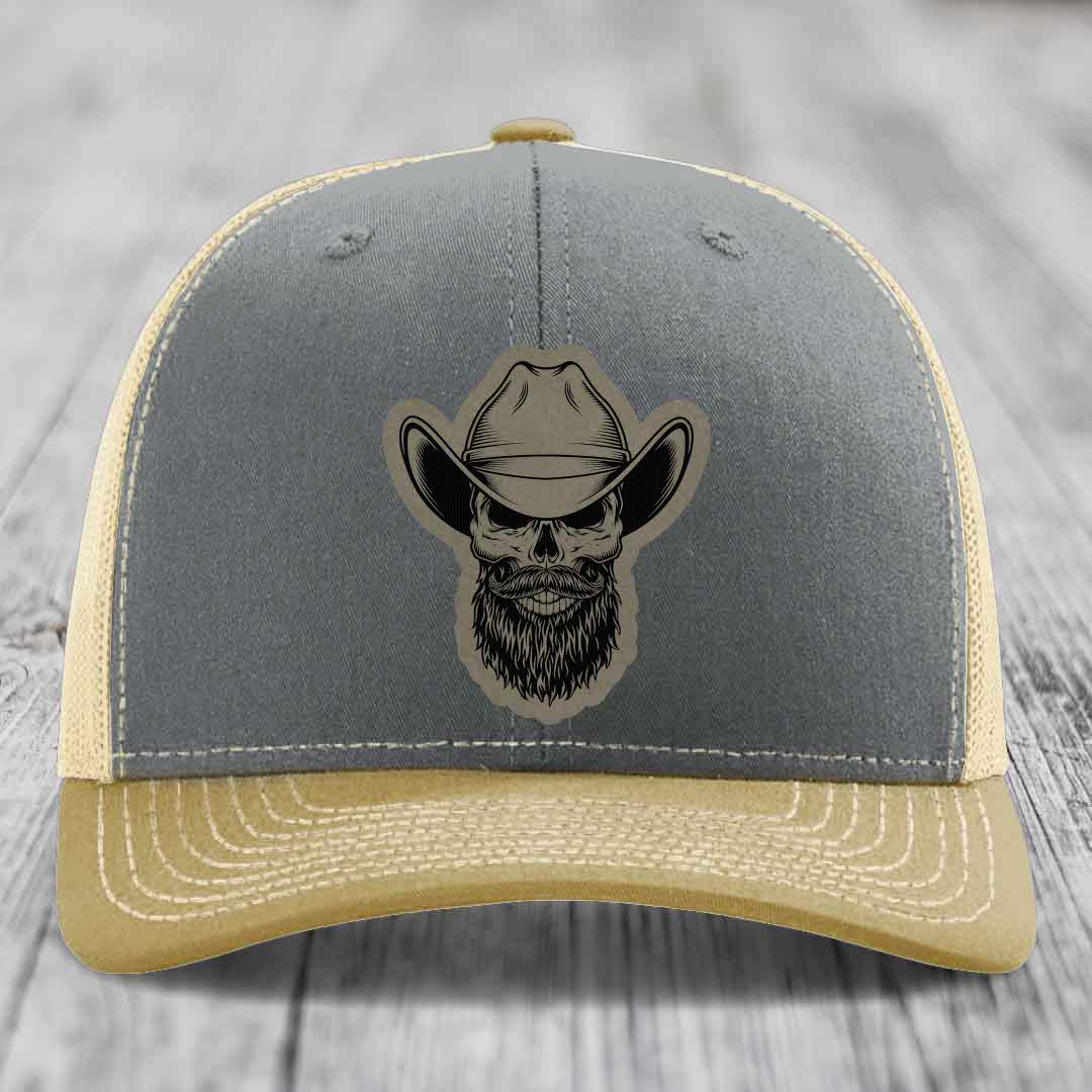 Bearded Cowboy Skull - Leather Patch Hat - Light Brown to Black Patch - Richardson 112 Snapback Trucker Hat