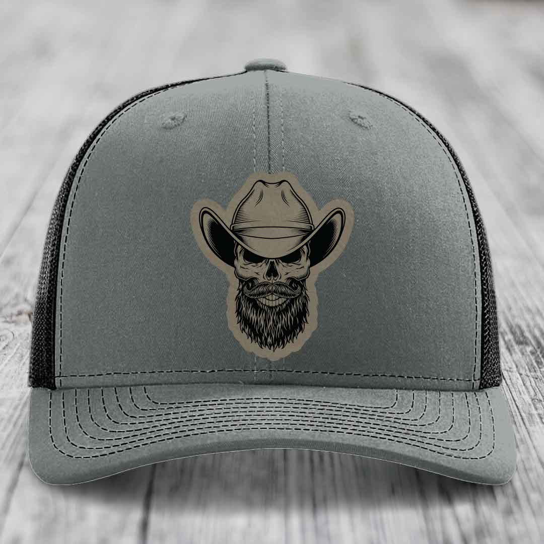 Bearded Cowboy Skull - Leather Patch Hat - Light Brown to Black Patch - Richardson 112 Snapback Trucker Hat