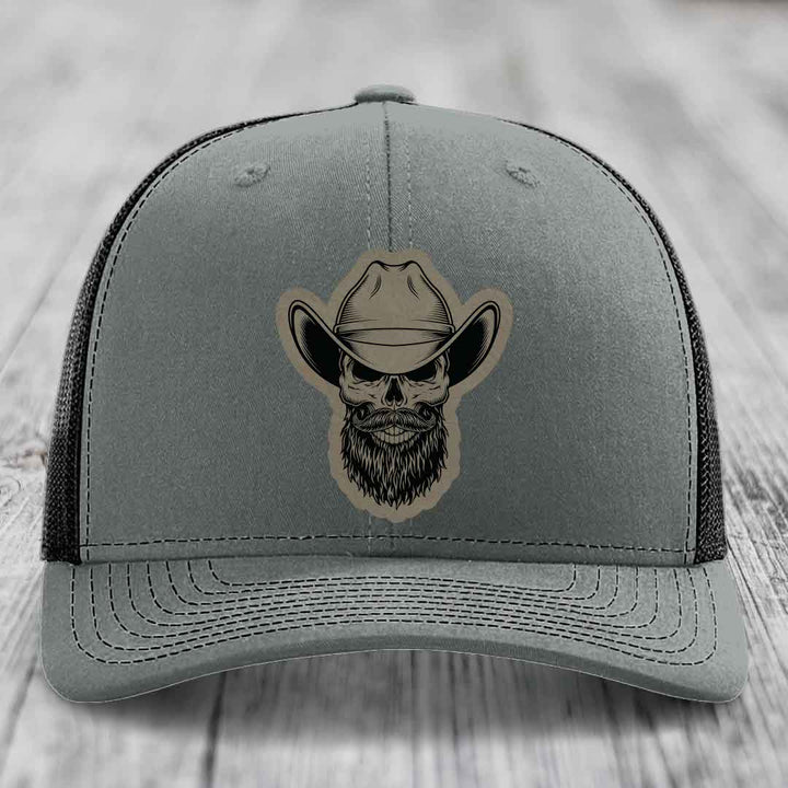 Bearded Cowboy Skull - Leather Patch Hat - Light Brown to Black Patch - Richardson 112 Snapback Trucker Hat