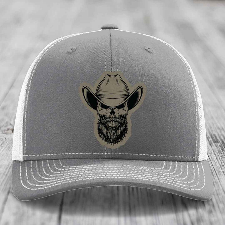 Bearded Cowboy Skull - Leather Patch Hat - Light Brown to Black Patch - Richardson 112 Snapback Trucker Hat