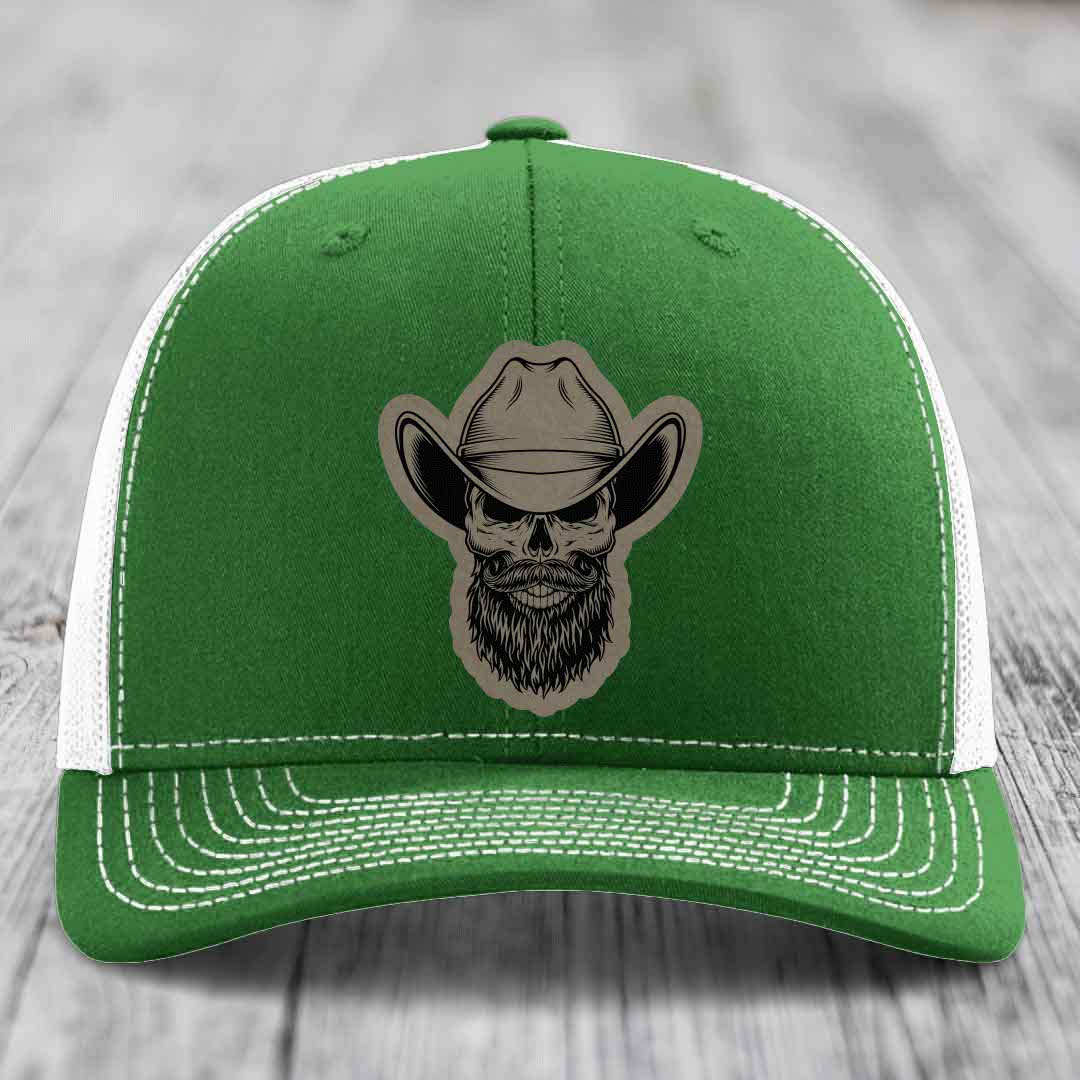Bearded Cowboy Skull - Leather Patch Hat - Light Brown to Black Patch - Richardson 112 Snapback Trucker Hat
