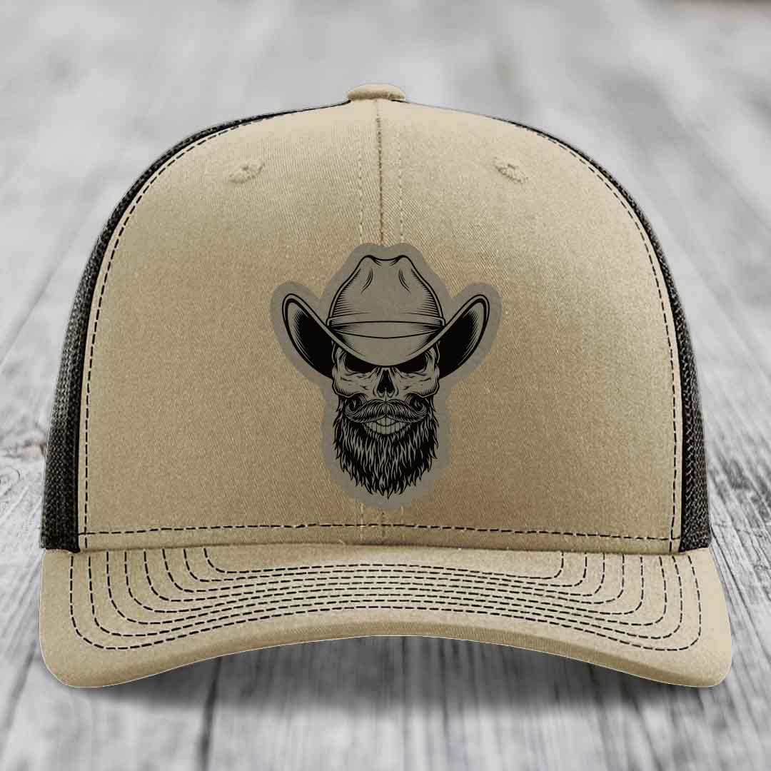 Bearded Cowboy Skull - Leather Patch Hat - Light Brown to Black Patch - Richardson 112 Snapback Trucker Hat