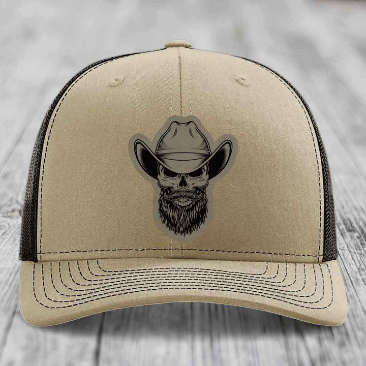 Bearded Cowboy Skull - Leather Patch Hat - Light Brown to Black Patch - Richardson 112 Snapback Trucker Hat
