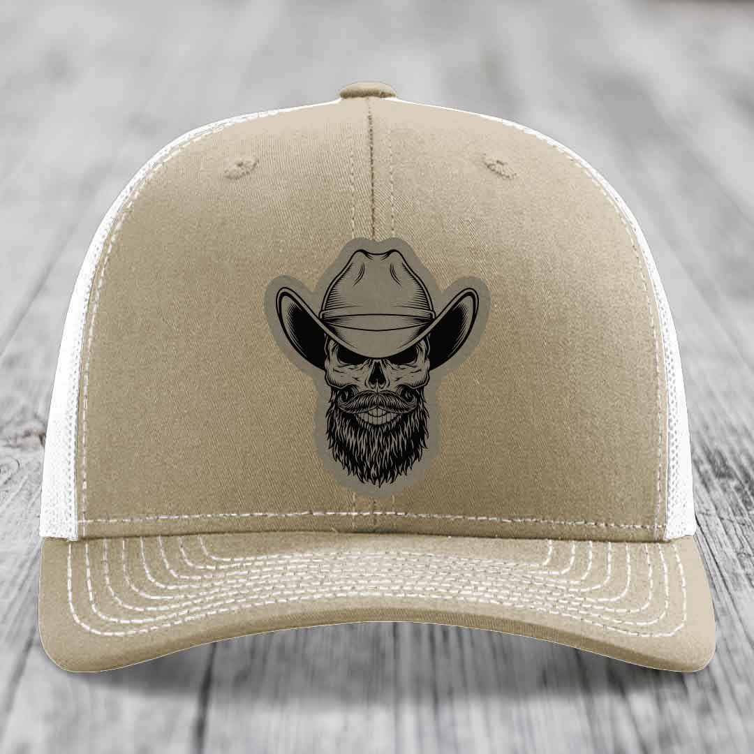 Bearded Cowboy Skull - Leather Patch Hat - Light Brown to Black Patch - Richardson 112 Snapback Trucker Hat