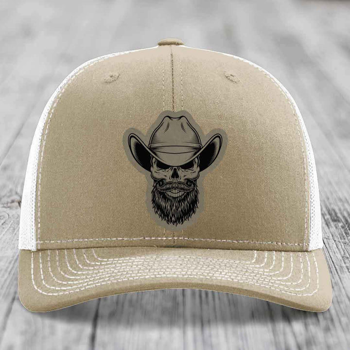 Bearded Cowboy Skull - Leather Patch Hat - Light Brown to Black Patch - Richardson 112 Snapback Trucker Hat