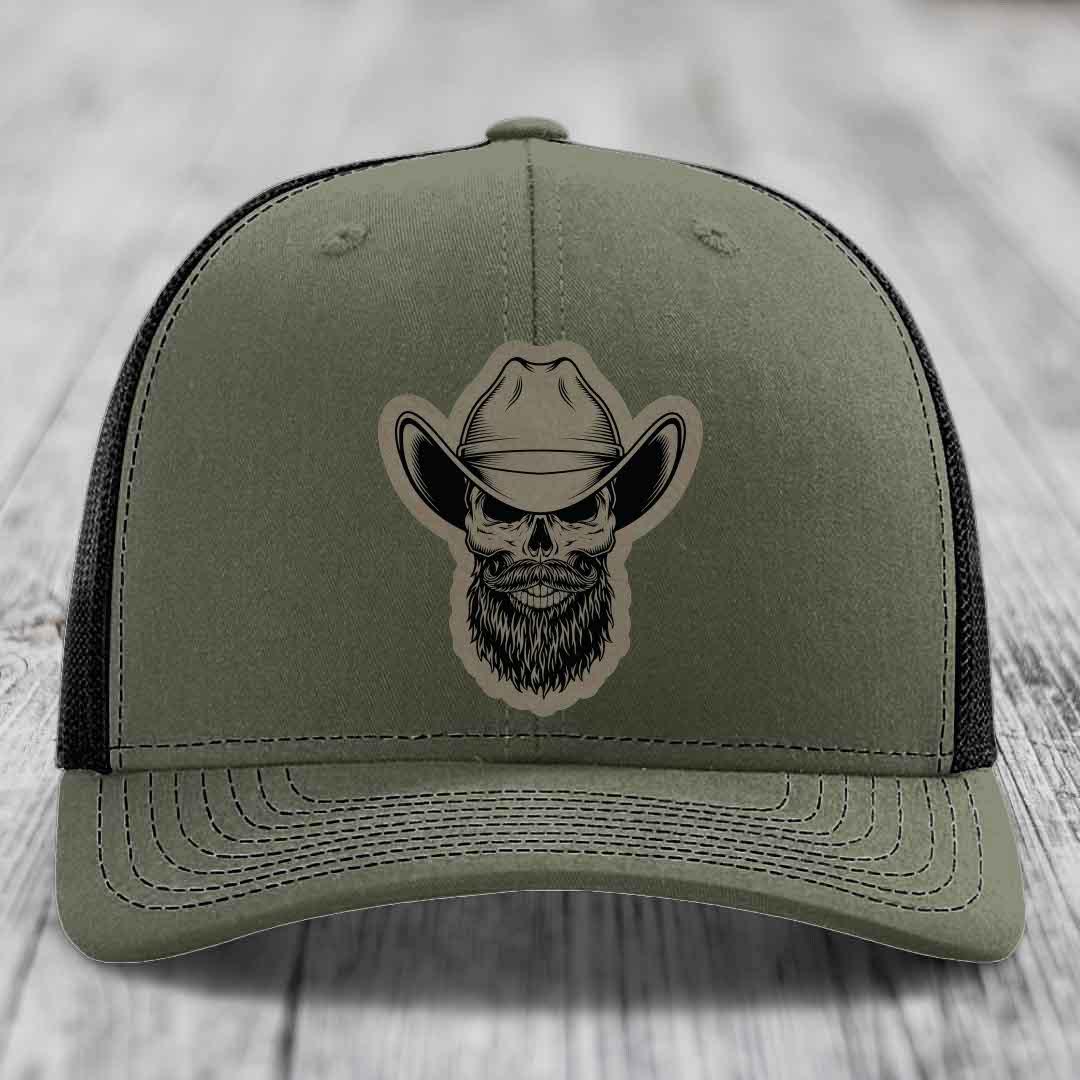 Bearded Cowboy Skull - Leather Patch Hat - Light Brown to Black Patch - Richardson 112 Snapback Trucker Hat