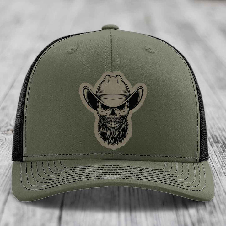 Bearded Cowboy Skull - Leather Patch Hat - Light Brown to Black Patch - Richardson 112 Snapback Trucker Hat