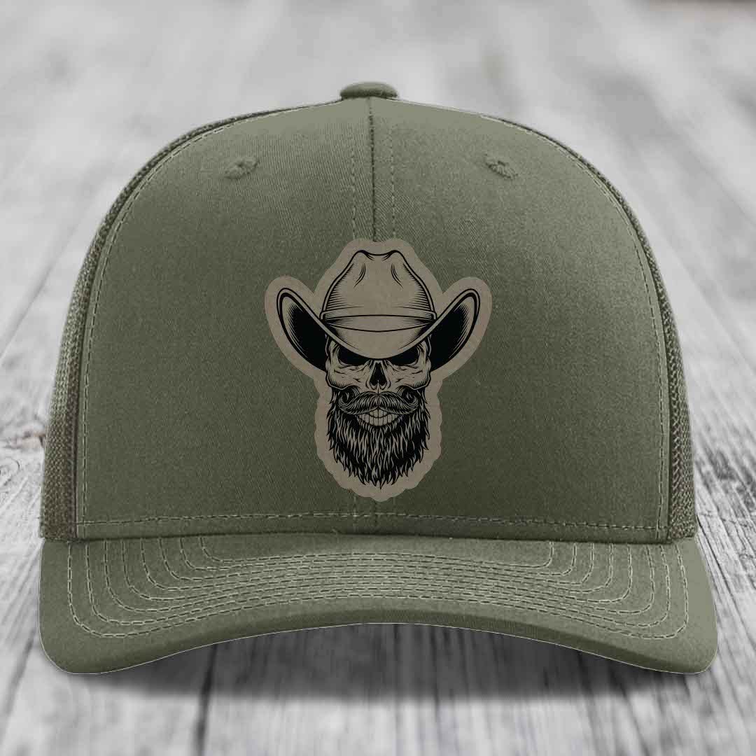 Bearded Cowboy Skull - Leather Patch Hat - Light Brown to Black Patch - Richardson 112 Snapback Trucker Hat