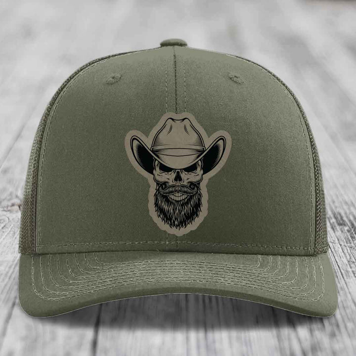 Bearded Cowboy Skull - Leather Patch Hat - Light Brown to Black Patch - Richardson 112 Snapback Trucker Hat
