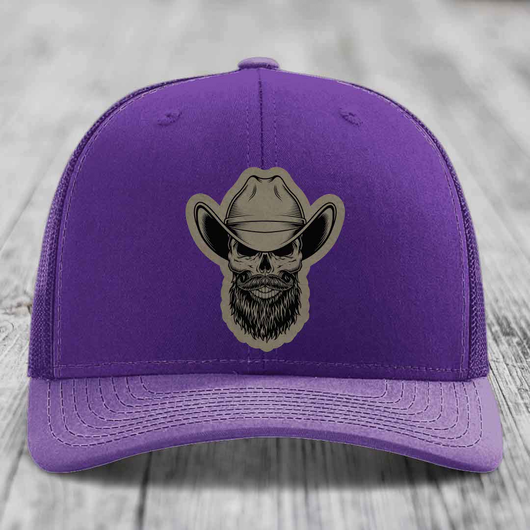 Bearded Cowboy Skull - Leather Patch Hat - Light Brown to Black Patch - Richardson 112 Snapback Trucker Hat