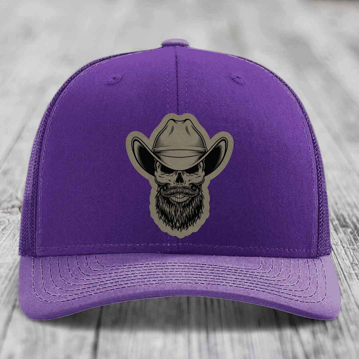 Bearded Cowboy Skull - Leather Patch Hat - Light Brown to Black Patch - Richardson 112 Snapback Trucker Hat