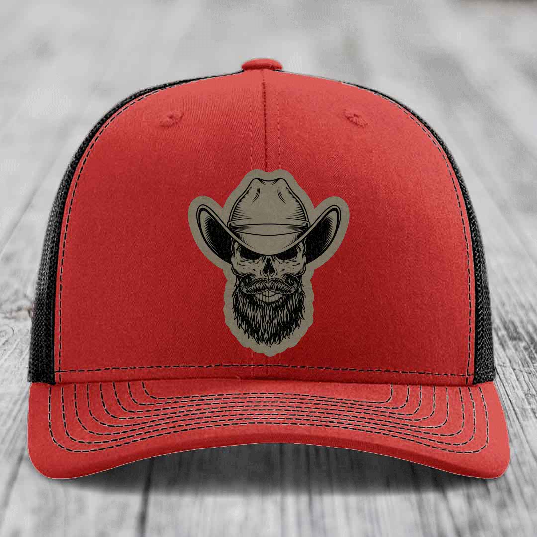 Bearded Cowboy Skull - Leather Patch Hat - Light Brown to Black Patch - Richardson 112 Snapback Trucker Hat