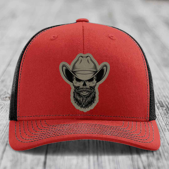 Bearded Cowboy Skull - Leather Patch Hat - Light Brown to Black Patch - Richardson 112 Snapback Trucker Hat