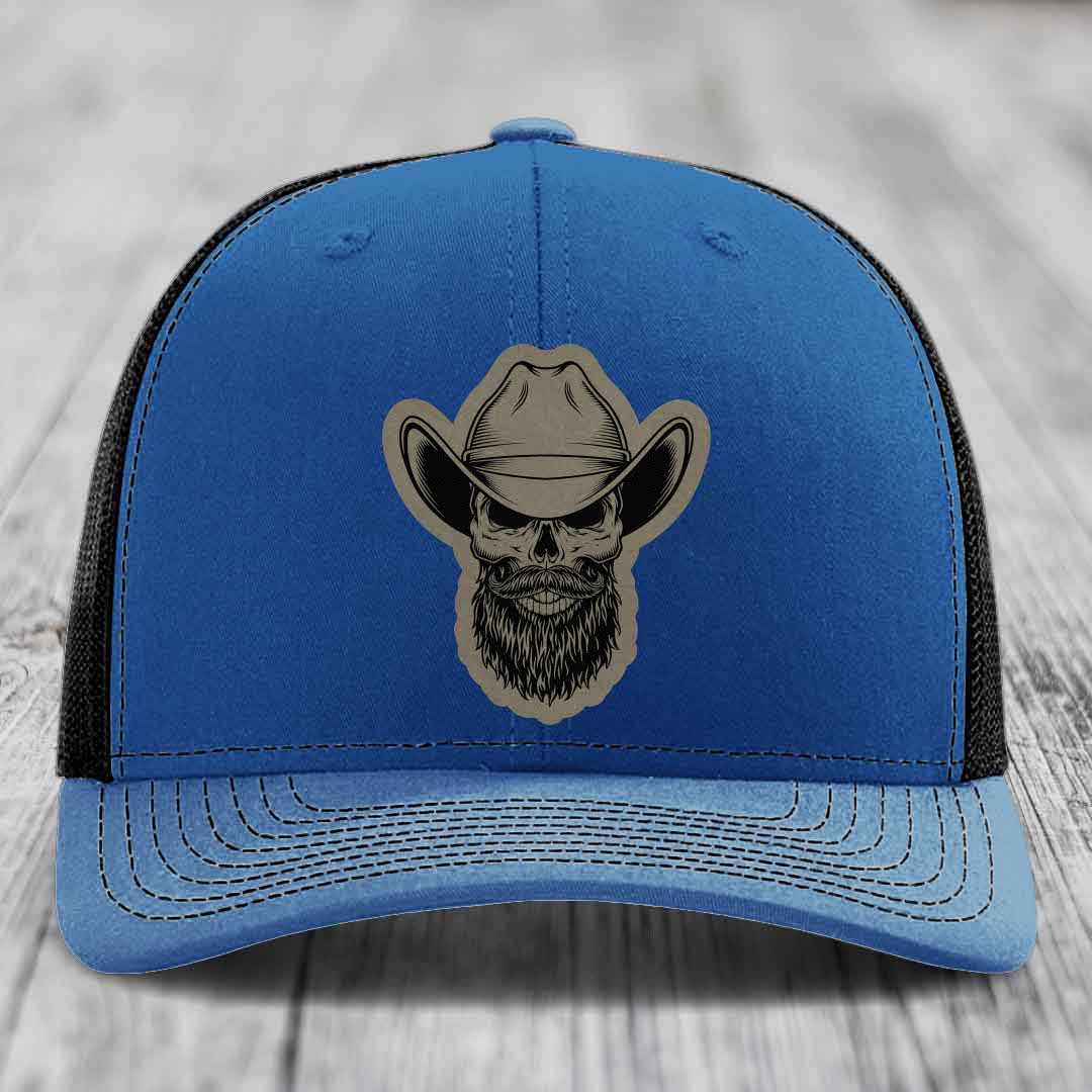 Bearded Cowboy Skull - Leather Patch Hat - Light Brown to Black Patch - Richardson 112 Snapback Trucker Hat