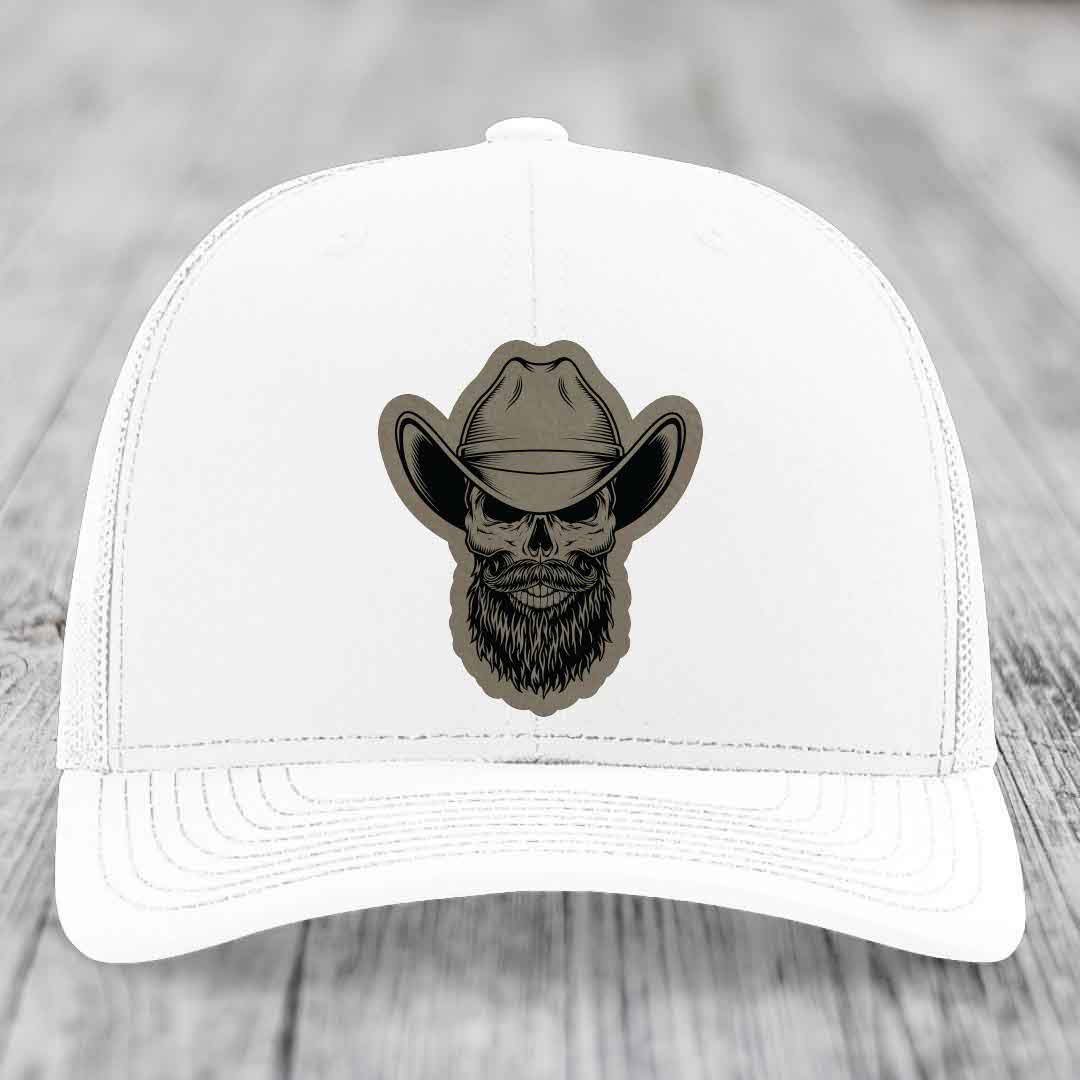 Bearded Cowboy Skull - Leather Patch Hat - Light Brown to Black Patch - Richardson 112 Snapback Trucker Hat
