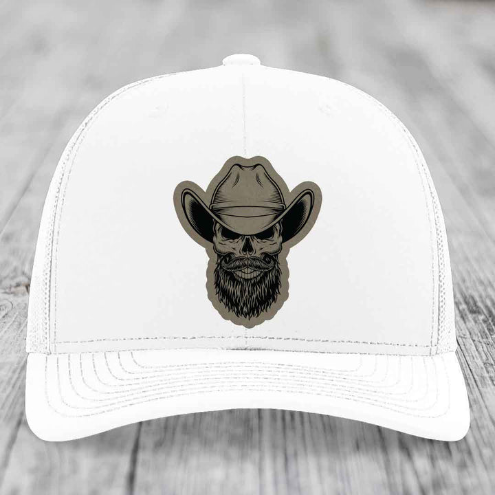Bearded Cowboy Skull - Leather Patch Hat - Light Brown to Black Patch - Richardson 112 Snapback Trucker Hat
