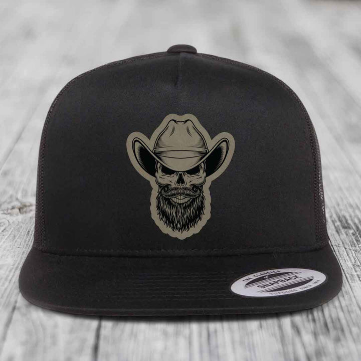 Bearded Cowboy Skull - Leather Patch Hat - Light Brown to Black Patch - Yupoong 6006 Snapback Flatbill Hat