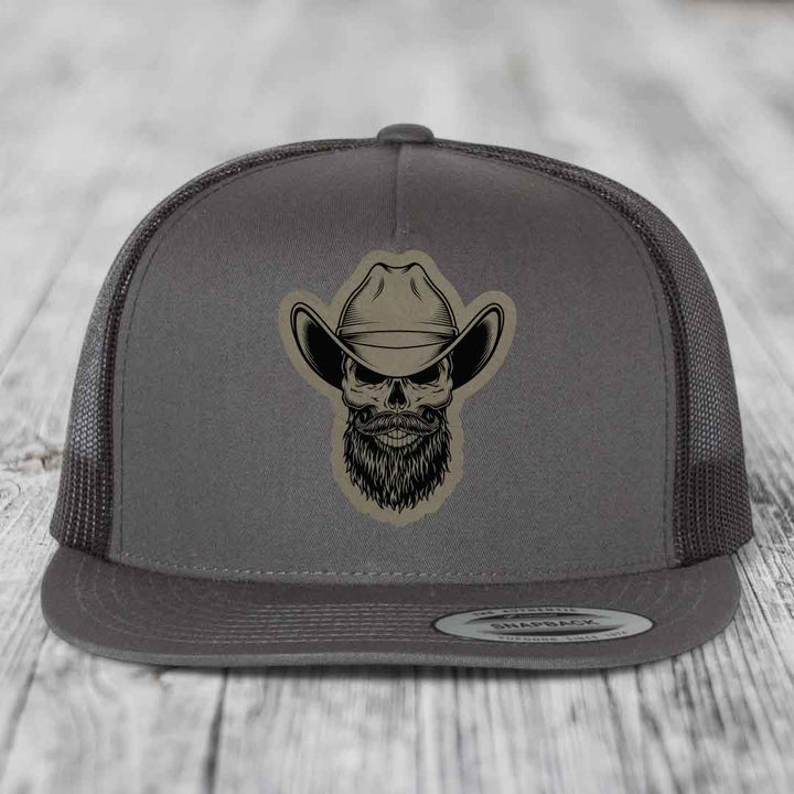 Bearded Cowboy Skull - Leather Patch Hat - Light Brown to Black Patch - Yupoong 6006 Snapback Flatbill Hat