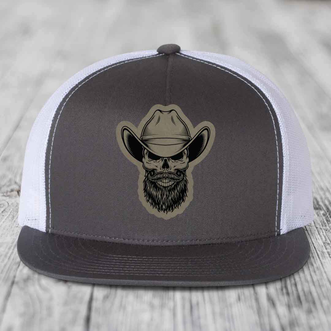 Bearded Cowboy Skull - Leather Patch Hat - Light Brown to Black Patch - Yupoong 6006 Snapback Flatbill Hat