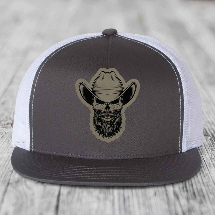 Bearded Cowboy Skull - Leather Patch Hat - Light Brown to Black Patch - Yupoong 6006 Snapback Flatbill Hat