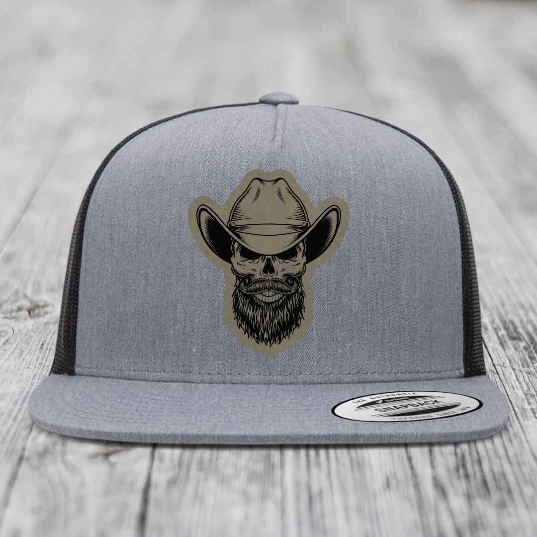 Bearded Cowboy Skull - Leather Patch Hat - Light Brown to Black Patch - Yupoong 6006 Snapback Flatbill Hat